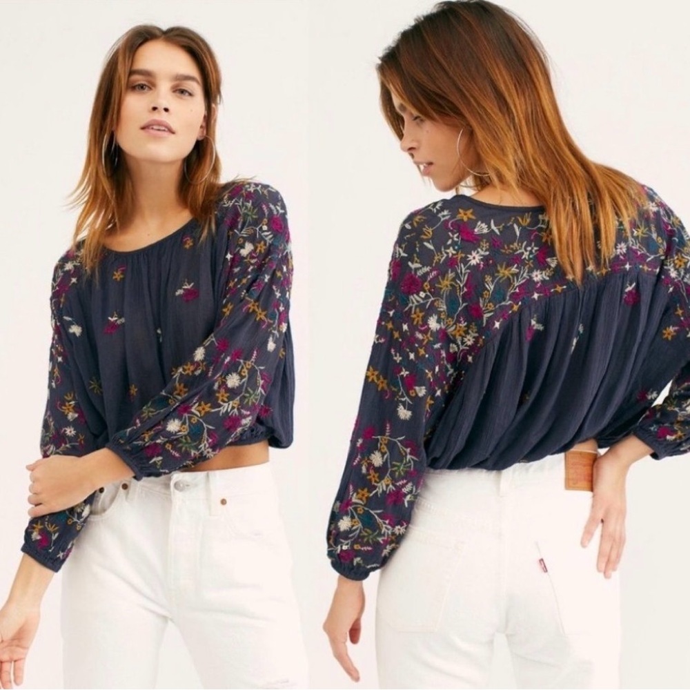 Free People Wildflowers Indigo Blue Blouse Floral Top Size Embroidery Boho Small